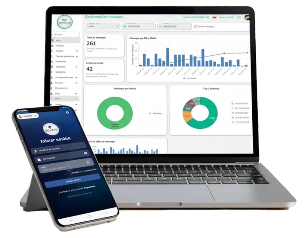 Dashboard y vista móvil del backoffice para gestión de leads y acceso a bases de datos.