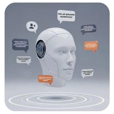 Chatbot de Inteligencia Artificial con cabeza robótica que adapta el tono de voz al cliente.